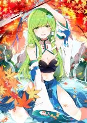 Rule 34 | 1girl, adapted costume, arm up, autumn, autumn leaves, between legs, blue ribbon, blue skirt, blush, breasts, bustier, cleavage, day, detached sleeves, frog hair ornament, gohei, green eyes, green hair, hair ornament, hair tubes, hand between legs, highres, holding, kochiya sanae, leaf, long hair, looking at viewer, maple leaf, medium breasts, midriff, navel, oonusa, outdoors, parted lips, partially submerged, ribbon, rock, satoupote, skirt, smile, snake hair ornament, solo, touhou, tree, water, wide sleeves