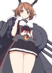Rule 34 | 1girl, absurdres, black skirt, blush, breasts, brown hair, cannon, closed mouth, commentary request, from below, gloves, green eyes, hand up, headgear, highres, ichi (ichi.colors), kantai collection, machinery, medium breasts, mutsu (kancolle), mutsu kai ni (kancolle), navel, panties, pleated skirt, short hair, simple background, skirt, smile, solo, thighs, turret, underwear, white background, white gloves, white panties