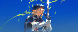 Rule 34 | 1boy, armor, bishounen, black sleeves, blonde hair, blue collar, blue headwear, blue sky, breastplate, chinese commentary, closed eyes, closed mouth, collar, commentary request, ear piercing, earrings, eyelashes, gleam, gloves, hat, high collar, highres, holding, holding sword, holding weapon, hoop earrings, jewelry, layered sleeves, light frown, link, long sleeves, male focus, master sword, nintendo, piercing, pointy ears, red shirt, red sleeves, renjian shilian, shield, shield on back, shirt, short hair with long locks, short over long sleeves, short sleeves, shoulder pads, sky, solo, streamers, sword, the legend of zelda, the legend of zelda: tears of the kingdom, upper body, watermark, weapon, weibo logo, weibo username, white gloves