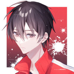 Rule 34 | 1boy, bilingual, black eyes, black hair, black shirt, border, chinese text, closed mouth, collarbone, commentary, double-parted bangs, english text, frown, fuurin hino513, hair between eyes, jacket, kagerou project, kisaragi shintarou, looking at viewer, male focus, mixed-language text, open clothes, open jacket, outside border, popped collar, portrait, red background, red jacket, shirt, short hair, signature, single stripe, solo, splatter, striped clothes, striped jacket, t-shirt, track jacket, watermark, white border, white stripes