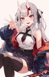 Rule 34 | 1girl, bare shoulders, hololive, kaguya (srx61800), multicolored hair, nakiri ayame, off shoulder, open mouth, red eyes, simple background, smile, solo, streaked hair, twintails, virtual youtuber, white hair