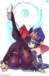 Rule 34 | 1girl, aqua eyes, ass, bare shoulders, black gloves, black hair, black pantyhose, collarbone, commentary, detached sleeves, earrings, english commentary, full body, genshin impact, gloves, hand on own thigh, hat, high heels, highres, jewelry, krokobyaka, leg up, legs, long hair, looking at viewer, mona (genshin impact), open mouth, pantyhose, solo, sparkle print, star (symbol), star earrings, thighs, water, water drop, wavy mouth, wet, wet clothes, witch hat