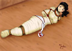 Rule 34 | 1girl, absurdres, ankh, arms behind back, bandages, bdsm, belt, black hair, blush, bondage, bound, bound arms, bound legs, breasts, clenched teeth, full body, harness, headdress, highres, legs together, lying on ground, mummification, mummy, sash, scared, teeth