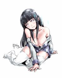 Rule 34 | 1girl, black hair, blush, breasts, cleavage, collarbone, full body, grey eyes, head tilt, hyuuga hinata, large breasts, long hair, looking at viewer, naruto, naruto (series), no bra, open clothes, parted lips, relaxjon, signature, simple background, sketch, smile, solo, thighhighs, white background, white thighhighs
