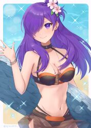 Rule 34 | 1girl, bare shoulders, bikini, black bikini, breasts, cleavage, closed mouth, fire emblem, fire emblem: three houses, fire emblem heroes, fire emblem warriors: three hopes, flower, hair flower, hair ornament, hair over one eye, highres, large breasts, long hair, looking at viewer, nintendo, official alternate costume, oyusame, purple hair, red trim, shez (female) (fire emblem), shez (female) (summer) (fire emblem), shez (fire emblem), smile, solo, sparkle, surfboard, swimsuit, waving, whistle, white flower