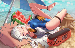 Rule 34 | 1girl, absurdres, anklet, azur lane, barefoot, beach, beach umbrella, blue one-piece swimsuit, breasts, chinese commentary, choker, commentary request, cross, day, feet, food, food on face, fruit, gloves, grey hair, hat, highres, iron cross, iyasu shikaku, jacket, jewelry, long hair, looking at viewer, lying, mole, mole under eye, ocean, on back, one-piece swimsuit, one eye closed, sand, sand castle, sand sculpture, school swimsuit, small breasts, solo, straw hat, sun hat, sunlight, swimsuit, tattoo, thigh strap, toes, umbrella, very long hair, water, watermelon, yellow eyes, yellow gloves, z46 (azur lane), z46 (her first summer) (azur lane)