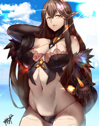 Rule 34 | 1girl, absurdly long hair, arm behind head, bikini, black hair, bra, bridal gauntlets, brown eyes, closed mouth, cloud, cloudy sky, commentary request, cowboy shot, day, fate/apocrypha, fate/grand order, fate (series), fur trim, highres, kisaragi tsurugi, lace, lace-trimmed bra, lace trim, light rays, long hair, navel, outdoors, pink lips, pointy ears, scratches, semiramis (fate), sidelocks, signature, sky, solo, spikes, sunbeam, sunlight, sweatdrop, swimsuit, underwear, very long hair, yellow eyes