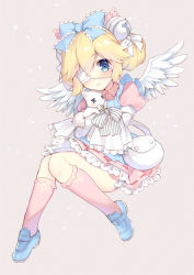 Rule 34 | 1girl, animal, animal hug, apron, bag, bell, blonde hair, blue apron, blue bow, blue eyes, blue footwear, blush, bow, cat, closed mouth, collared dress, commentary request, diagonal stripes, double bun, dress, dress shirt, eyepatch, feathered wings, frilled bow, frills, full body, hair bell, hair between eyes, hair bow, hair bun, hair ornament, jingle bell, kneehighs, knees together feet apart, loafers, medical eyepatch, natsuki marina, original, pink dress, pink socks, puffy short sleeves, puffy sleeves, ribbon-trimmed dress, shirt, shoes, short sleeves, shoulder bag, smile, socks, solo, striped, striped background, striped bow, white cat, white wings, wings