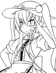 Rule 34 | 1girl, :p, apron, backpack, bag, bow, buttons, cosplay, dress shirt, frills, greyscale, hair bobbles, hair ornament, hat, hinanawi tenshi, kawashiro nitori, kawashiro nitori (cosplay), key, kuroshiro (ms-2420), lineart, looking at viewer, monochrome, neck ribbon, puffy short sleeves, puffy sleeves, ribbon, shirt, short sleeves, simple background, smile, solo, tongue, tongue out, touhou, twintails, two side up, v over eye, white background, wing collar