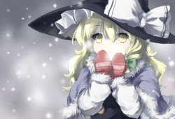 Rule 34 | 1girl, absurdres, black dress, blonde hair, bow, braid, capelet, dena.ei, dress, gradient background, hat, hat bow, highres, kirisame marisa, long hair, mittens, open mouth, red mittens, single braid, snowing, solo, touhou, upper body, winter clothes, witch hat, yellow eyes