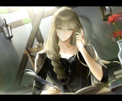 Rule 34 | 1boy, black border, black ribbon, black shirt, blonde hair, blue eyes, book, book stack, border, braid, bug, butterfly, chair, cross, cross necklace, dimglow, earrings, flower, gem, hair between eyes, hair over shoulder, hair ribbon, twirling hair, hand up, highres, holding, holding quill, indoors, insect, jacket, jacket on shoulders, jewelry, lantern, lens flare, letterboxed, long hair, looking down, lucas proust, male focus, mirror, necklace, open book, quill, red flower, red gemstone, ribbon, shadow, shirt, shuuen no virche, single braid, sitting, sleeves past elbows, smile, solo, spider lily, table, upper body, vase, white jacket, writing