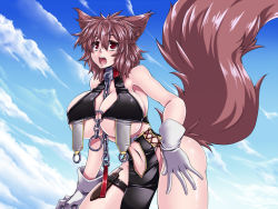 Rule 34 | 1girl, animal ears, bare shoulders, blue sky, breasts, brown hair, chain, cleavage, clothing cutout, collar, commentary request, day, dog ears, gloves, huge breasts, knife, kuon yashiro, navel, navel cutout, o-ring, o-ring top, open mouth, original, red eyes, sheath, short hair, sky, solo, thigh strap, underboob, white gloves