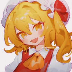 Rule 34 | 1girl, :d, ascot, blonde hair, blush, collared shirt, commentary, fang, flandre scarlet, grey background, hat, hat ribbon, head tilt, highres, long hair, looking at viewer, mob cap, one side up, open mouth, puffy sleeves, red ribbon, red vest, ribbon, shirt, simple background, smile, sobamushi mo, solo, touhou, twitter username, upper body, vest, watermark, white hat, white shirt, yellow ascot, yellow eyes