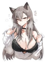 Rule 34 | 1girl, animal ears, arknights, black bra, black choker, bra, breasts, choker, cleavage, commentary request, extra ears, grey hair, heavy breathing, highres, horn/wood, large breasts, long hair, long sleeves, looking at viewer, mole, mole above eye, partially unbuttoned, penance (arknights), puffy long sleeves, puffy sleeves, shirt, simple background, sleeves past wrists, solo, tail, underwear, upper body, white background, white shirt, wolf ears, wolf tail, yellow eyes