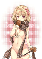 Rule 34 | 1girl, ahoge, akeboshi kagayo, blonde hair, blush, breasts, censored, convenient censoring, cowboy shot, detached wings, flower, gloves, groin, hair flower, hair ornament, large breasts, long hair, looking at viewer, mini wings, naked scarf, navel, nude, original, plaid, plaid background, plaid scarf, pom pom (clothes), red eyes, scarf, solo, tears, wings