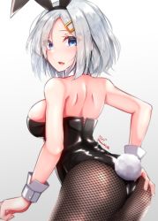 Rule 34 | 1girl, absurdres, animal ears, artist name, baileys (tranquillity650), black leotard, black pantyhose, blue eyes, blush, cowboy shot, fake animal ears, fake tail, fishnet pantyhose, fishnets, hair ornament, hairclip, hamakaze (kancolle), highres, kantai collection, leotard, open mouth, pantyhose, playboy bunny, rabbit ears, rabbit tail, short hair, signature, silver hair, simple background, solo, tail, twitter username, white background, wrist cuffs