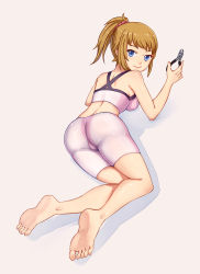 Rule 34 | 10s, 1girl, ass, bare shoulders, barefoot, bike shorts, blue eyes, breasts, brown hair, feet, from behind, full body, gundam, gundam build fighters, gundam build fighters try, highres, hoshino fumina, jun, jun (goodgun7), long hair, looking at viewer, looking back, lying, on side, on stomach, pliers, ponytail, scrunchie, short hair, sideboob, smile, soles, solo, sports bra, tank top, toes