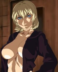 Rule 34 | 1girl, basement, bible black, blonde hair, breasts, green eyes, highres, jody crowley, large breasts, shin bible black, short hair, witch