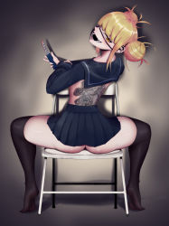 Rule 34 | 1girl, absurdres, ass, back, back tattoo, black thighhighs, blonde hair, blood, bloody weapon, blunt bangs, blush, boku no hero academia, balisong, chair, double bun, eyepatch, fangs, feet, from behind, hair bun, highres, holding, holding knife, irezumi, knife, looking at viewer, looking back, open mouth, pixiv7773770, pleated skirt, sitting, sitting backwards, skirt, smile, solo, spread legs, tattoo, thighhighs, thighs, toga himiko, weapon, yellow eyes
