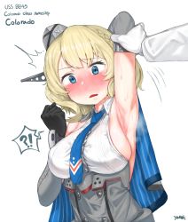 Rule 34 | 1girl, 1other, arm up, armpits, black gloves, blonde hair, blue eyes, blue neckwear, braid, breasts, capelet, character name, colorado (kancolle), commentary request, crown braid, garrison cap, gloves, hat, headgear, highres, kantai collection, korean commentary, large breasts, necktie, short hair, sideboob, simple background, solo focus, steam, upper body, white background, yanuk