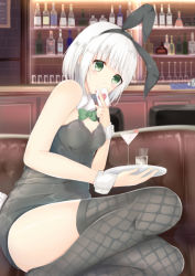 Rule 34 | 1girl, ace (playing card), ace of hearts, alcohol, alternate costume, animal ears, bad id, bad pixiv id, bar (place), bar stool, blush, bow, breasts, brick wall, card, cup, detached collar, drinking glass, fake animal ears, fishnet thighhighs, fishnets, green eyes, heart, holding, holding card, indoors, konpaku youmu, legs up, leotard, looking at viewer, no shoes, playboy bunny, playing card, rabbit ears, sakura mochi usa, sakuramochi usa, shiny clothes, short hair, sign, silver hair, sitting, small breasts, smile, solo, stool, thighhighs, thighs, touhou, tray, wine, wrist cuffs