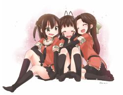 Rule 34 | 10s, 3girls, :d, ^ ^, antenna hair, black socks, brown eyes, brown hair, closed eyes, double bun, elbow gloves, girl sandwich, gloves, hair bun, hair ribbon, half updo, hands on own cheeks, hands on own face, happy tears, hug, jintsuu (kancolle), kantai collection, kneehighs, koruri, multiple girls, naka (kancolle), no shoes, open mouth, personification, ribbon, sandwiched, sendai (kancolle), siblings, sisters, sitting, smile, socks, tears, twintails, two side up