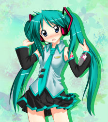 Rule 34 | armpits, bare shoulders, blue eyes, blush, cosplay, d:, detached sleeves, green hair, hatsune miku, hatsune miku (cosplay), headphones, headset, hiiragi kagami, long hair, lucky star, microphone, necktie, nervous, open mouth, pleated skirt, s.t., skirt, solo, tsurime, twintails, vocaloid