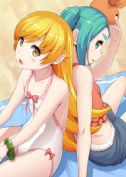 Rule 34 | 2girls, :d, :o, aqua hair, arm support, back-to-back, bakemonogatari, bare shoulders, beach, beach towel, blonde hair, blush, blush stickers, bow, bracelet, breasts, casual one-piece swimsuit, collarbone, cowboy shot, crop top, day, eyebrows, fang, flat chest, flipped hair, frills, from side, fur trim, green eyes, hand on headwear, hand up, hat, head tilt, jewelry, long hair, looking at viewer, looking back, midriff, monogatari (series), multiple girls, murata isshin, one-piece swimsuit, ononoki yotsugi, open mouth, oshino shinobu, outdoors, parted bangs, pink bow, pointy ears, profile, sand, shorts, sidelocks, sitting, small breasts, smile, surprised, swimsuit, tank top, thick eyebrows, towel, transparent, twintails, white one-piece swimsuit, yellow eyes