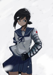 Rule 34 | 1girl, absurdres, arm behind back, blue ribbon, blue sailor collar, blue skirt, brown hair, captain america: the winter soldier, captain america (series), captain america the winter soldier, clenched hand, closed eyes, closed mouth, cowboy shot, fubuki (kancolle), green eyes, highres, james buchanan barnes, kantai collection, kion-kun, looking to the side, marvel, marvel cinematic universe, mechanical arms, name connection, neck ribbon, pleated skirt, ponytail, ribbon, sailor collar, school uniform, serafuku, shirt, short sleeves, single mechanical arm, skirt, smile, snow, snowing, solo, standing, white background, white shirt