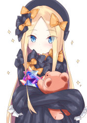 Rule 34 | 1girl, abigail williams (fate), black bow, black dress, black hat, blonde hair, blue eyes, blush, bow, crossed arms, dress, fate/grand order, fate (series), forehead, hair bow, hat, holding, holding stuffed toy, hugging object, kanitama, long hair, long sleeves, looking at viewer, orange bow, parted bangs, ribbed dress, saint quartz (fate), sleeves past fingers, sleeves past wrists, solo, sparkle, stuffed animal, stuffed toy, teddy bear