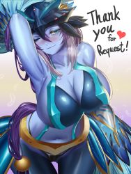 Rule 34 | 1girl, absurdres, armpits, bad id, bad pixiv id, blue skin, blush, breasts, cleavage, colored skin, commission, duel monster, feathers, freshtrash, harpy, highleg, highleg panties, highres, large breasts, long hair, lyrilusc - ensemblue robin, monster girl, multicolored hair, one eye closed, panties, revealing clothes, smile, solo, thigh gap, underwear, yu-gi-oh!