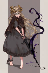 Rule 34 | 1girl, belt, black dress, blindfold, blonde hair, brown belt, brown cape, cape, chain, copyright request, dress, facing viewer, full body, grey background, hair ornament, highres, holding, holding sword, holding weapon, jiro (ninetysix), long hair, lower teeth only, magic, original, short sleeves, slime (substance), sword, teeth, weapon