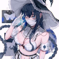 Rule 34 | 1girl, armband, between breasts, black hat, bra, braid, breasts, bug, butterfly, cheche98711466, covered mouth, cross, cross print, detached collar, detached sleeves, floating hair, frills, garter belt, gloves, hat, holding, holding syringe, insect, jewelry, lace, lace-trimmed bra, lace-trimmed gloves, lace-trimmed headwear, lace trim, large breasts, liquid, long hair, mask, mole, mole on breast, mole under eye, mouth mask, navel, nurse, original, pendant, procreate (medium), sidelocks, single detached sleeve, solo, surgical mask, syringe, tape, twin braids, twintails, underwear, upper body, very long hair, white background, white bra, white gloves, witch, witch hat