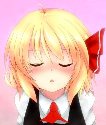 Rule 34 | 1girl, ahoge, ascot, blonde hair, blush, closed eyes, facing viewer, female focus, gagd, highres, imminent kiss, incoming kiss, pink background, pov, rumia, solo, touhou, upper body, yabu q