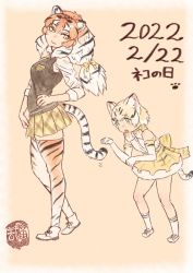 Rule 34 | 2girls, animal ears, animal print, arm at side, artist logo, back bow, bare legs, bare shoulders, behind another, black hair, blonde hair, bow, bowtie, breast pocket, cat day, cat ears, cat girl, cat tail, closed mouth, dated, elbow gloves, extra ears, from side, full body, gloves, green eyes, hair bow, hand on own hip, hand up, height difference, japari symbol, kemono friends, kishida shiki, leaning forward, long hair, looking at another, looking back, microskirt, multicolored hair, multiple girls, open mouth, orange hair, paw pose, plaid, plaid skirt, pleated skirt, pocket, print legwear, print thighhighs, sand cat (kemono friends), shirt, shoes, short hair, siberian tiger (kemono friends), sidelocks, skirt, sleeveless, sleeveless shirt, smile, socks, standing, streaked hair, sweater vest, tail, thighhighs, tiger ears, tiger girl, tiger print, tiger tail, walking, white hair, yellow eyes, zettai ryouiki