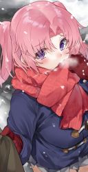 Rule 34 | 1girl, blurry, blurry background, blush, breasts, breath, clothes grab, commentary request, gloves, highres, jacket, kou mashiro, large breasts, long sleeves, looking at viewer, mikakunin de shinkoukei, miniskirt, pink hair, pleated skirt, purple eyes, red gloves, red scarf, scarf, skirt, sleeve grab, snow, solo, solo focus, translation request, two side up, yonomori kobeni