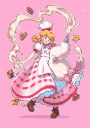 Rule 34 | 1girl, apron, blonde hair, blue eyes, boots, braided hair rings, brooch, brown footwear, checkerboard cookie, chef hat, cookie, cream, earrings, food, full body, hat, highres, jewelry, long skirt, looking at viewer, mario (series), nintendo, official alternate costume, pastry bag, patissiere peach, pink background, pink lips, plaid, plaid skirt, princess peach, princess peach: showtime!, puffy short sleeves, puffy sleeves, red skirt, saiwo (saiwoproject), short sleeves, simple background, skirt, solo, sphere earrings, super star (mario), thumbprint cookie, two-tone skirt, white apron, white hat, white skirt