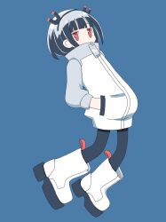 Rule 34 | 1girl, bad id, bad twitter id, black hair, black hairband, black pants, blue background, blunt bangs, boots, bright pupils, commentary request, from side, hairband, hands in pockets, high collar, highres, jacket, jitomi monoe, leaning back, long sleeves, looking at viewer, magnet, pants, red eyes, simple background, solo, standing, virtual youtuber, voms, white footwear, white jacket, white pupils, zd6hl, zipper pull tab