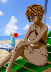 Rule 34 | 1girl, bare arms, bare legs, bare shoulders, beach, beach chair, bikini, blonde hair, blue sky, breasts, brown eyes, brown hair, cherry, cleavage, closed mouth, collarbone, commentary request, crossed arms, crossed legs, cup, day, drinking glass, drinking straw, flower, food, fruit, full body, hair between eyes, halterneck, hand on own leg, hand on own thigh, highres, ice, ice cube, knees up, light smile, looking at viewer, multicolored hair, navel, ocean, outdoors, qoom, short hair, sitting, sky, solo, stomach, sunglasses, swimsuit, table, toramaru shou, touhou, tsurime, two-tone hair, water