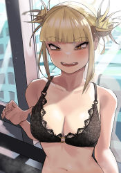Rule 34 | 1girl, absurdres, black bra, blonde hair, blunt bangs, blush, boku no hero academia, bra, breasts, cleavage, collarbone, fangs, highres, lace, looking at viewer, medium breasts, navel, open mouth, smile, solo, stomach, toga himiko, underwear, underwear only, upper body, yellow eyes, zd (pixiv6210083)
