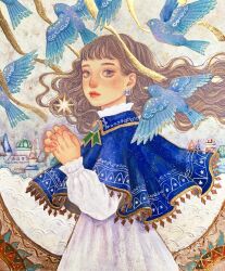 Rule 34 | 1girl, absurdres, bird, blue bird, blue capelet, blush, building, capelet, earrings, floating hair, grey eyes, highres, iroha ayano, jewelry, long hair, long sleeves, original, own hands together, solo, upper body