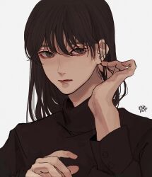 Rule 34 | 1boy, androgynous, bishounen, black hair, black shirt, brown eyes, buttoned cuffs, buttons, closed mouth, hand on own ear, hand up, kagoya1219, long hair, long sleeves, looking at viewer, male focus, original, shirt, signature, simple background, solo, upper body, white background