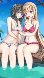 Rule 34 | 2girls, :d, bare arms, bare shoulders, bikini, black hair, blonde hair, blue bow, blue eyes, blush, bow, braid, breasts, cleavage, clip studio paint (medium), collarbone, commentary request, day, frilled bikini, frills, hair bow, hair over shoulder, long hair, looking at viewer, medium breasts, multiple girls, navel, open mouth, original, outdoors, purple eyes, red bikini, smile, soaking feet, swimsuit, takapii, twin braids, very long hair, water, white bikini