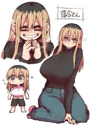 Rule 34 | 1girl, :&lt;, @ @, arm behind back, aroused, barefoot, black hair, black shirt, black shorts, blonde hair, blush, breasts, brown hair, chibi, clenched teeth, denim, grin, highres, jeans, kinjo no hito no nakimushi, kneeling, large breasts, long sleeves, looking at viewer, looking down, multicolored hair, no shoes, ochiai (kinjo no hito no nakimushi), pants, shirt, shorts, smile, solo, standing, teeth, two-tone hair, upper body, white background, white shirt, zyugoya