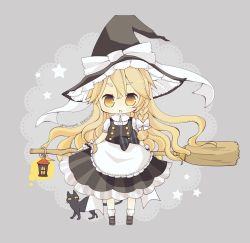 Rule 34 | 1girl, apron, black bow, black cat, black footwear, black hat, black skirt, black vest, bow, braid, broom, cat, chibi, dated, doily, dress, full body, grey background, hair bow, hat, hat bow, kirisame marisa, lantern, long hair, looking at viewer, one eye closed, open mouth, shirt, shoes, short sleeves, simple background, single braid, skirt, socks, solo, star (symbol), striped clothes, striped dress, striped skirt, striped vest, thick eyebrows, touhou, twitter username, vertical-striped clothes, vertical-striped dress, vertical-striped vest, vest, waist apron, white bow, white shirt, white socks, wrist cuffs, yaco (nuitnotte), yellow eyes