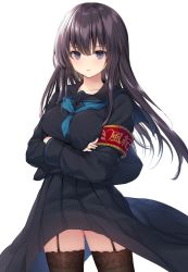 Rule 34 | 1girl, armband, black hair, black sailor collar, black serafuku, black shirt, black skirt, black thighhighs, blue neckerchief, blush, breasts, closed mouth, collarbone, commentary request, crossed arms, eyebrows hidden by hair, garter straps, hair between eyes, highres, long hair, long sleeves, looking at viewer, medium breasts, navy (navy.blue), neckerchief, original, pleated skirt, purple eyes, sailor collar, school uniform, serafuku, shirt, simple background, skirt, solo, thighhighs, very long hair, white background