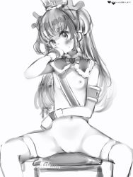Rule 34 | 1girl, bad id, bad twitter id, blush, breasts, chair, covering own mouth, embarrassed, greyscale, hat, head tilt, highres, legband, long hair, looking at viewer, monochrome, nanashi (nlo), navel, nipples, pussy, simple background, sitting, small breasts, solo, spread legs, two side up, virtual youtuber, white background