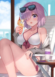 Rule 34 | 1girl, :o, ass, ayul (ayulneri 92), bare shoulders, bikini, blurry, breasts, chair, cleavage, commentary request, cup, day, depth of field, drinking glass, drinking straw, eyewear on head, fate/grand order, fate (series), front-tie bikini top, front-tie top, grey jacket, hair over one eye, halterneck, halterneck, highres, holding, jacket, knee up, large breasts, light purple hair, looking at viewer, lounge chair, mash kyrielight, mash kyrielight (swimsuit of perpetual summer), ocean, off shoulder, official alternate costume, open clothes, open jacket, open mouth, outdoors, purple eyes, short hair, solo, strap gap, sunglasses, swimsuit, table, thighs, tropical drink, white bikini
