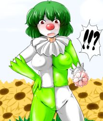 Rule 34 | !?, 1girl, bad id, bad pixiv id, blush, bodysuit, clown nose, elbow gloves, facepaint, fake nose, female focus, flower, gloves, green hair, hand on own hip, jester, kazami yuuka, looking down, open mouth, red eyes, short hair, skin tight, solo, sukedai, sunflower, touhou, umbrella