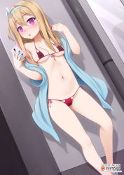 Rule 34 | 1girl, bikini, blue hairband, blush, breasts, cellphone, collarbone, dutch angle, fanning face, fanning self, fingernails, girls&#039; frontline, glowing, hair between eyes, hair ornament, hairband, highres, holding, holding phone, jacket, light brown hair, long hair, long sleeves, looking at viewer, medium breasts, micro bikini, mind control, nail polish, navel, nose blush, one side up, open clothes, open jacket, phone, purple bikini, purple eyes, pussy juice, red nails, side-tie bikini bottom, snowflake hair ornament, solo, suomi (girls&#039; frontline), sweat, swimsuit, vahn yourdoom, watermark, web address, wide sleeves
